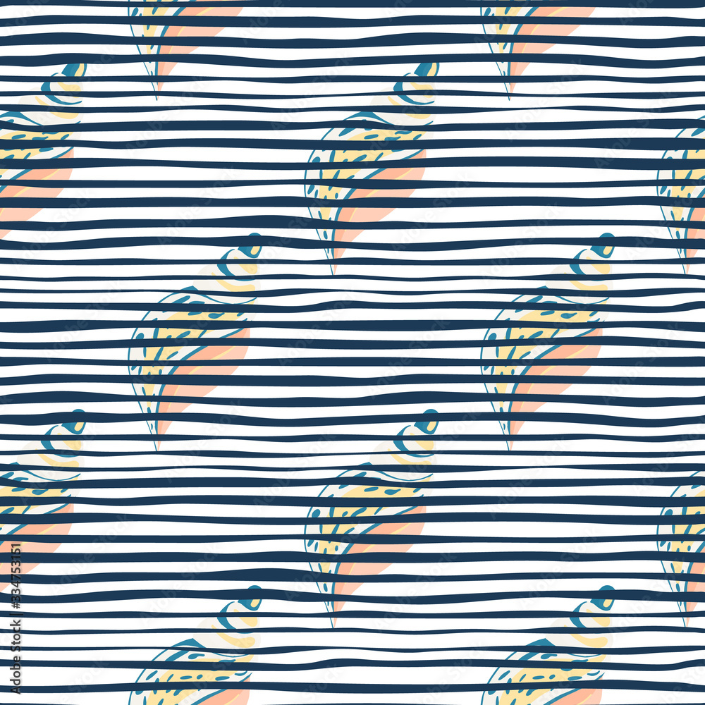 Fototapeta premium Green seashells seamless pattern on stripes background. Geometric sea shell vector illustration