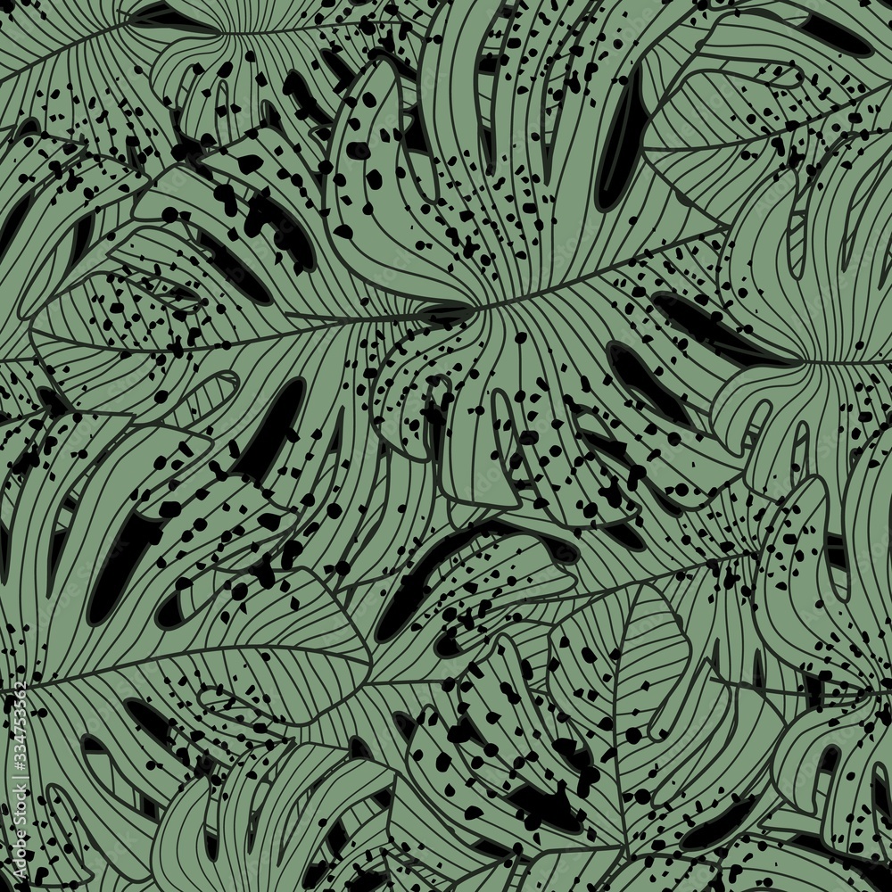 Green monstera line leaves seamless pattern. Botanical leaf backdrop.