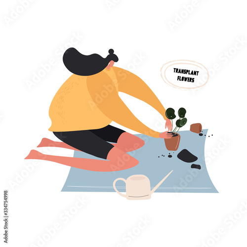 Nice flat vector illustration with a girl who is replanting flowers