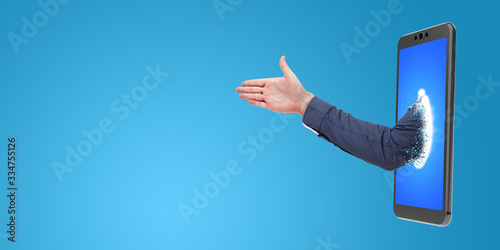 Φωτογραφία hand sticking out of a smartphone 3D rendering and real picture