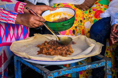 Traditional African Food - Injeira and Stewed Meat, Asmara, Eritrea