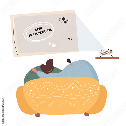 Nice flat vector illustration with a couple watching a movie on a projector