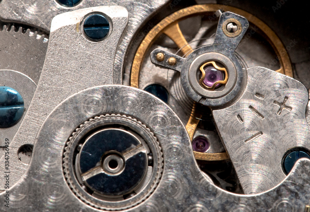 mechanism, inside an antique watch, closeup macro view