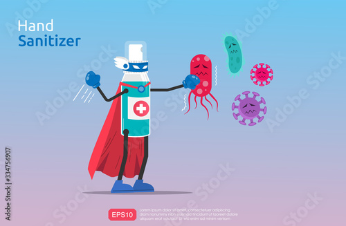 Funny cartoon character of hand sanitizer spray in superhero character fights against viruses and bacteria. Power of cleansing agent concept for prevention and fight disease. vector illustration