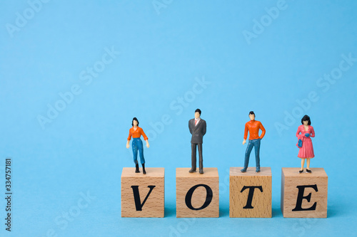 miniature voters on wooden cubes with word VOTE