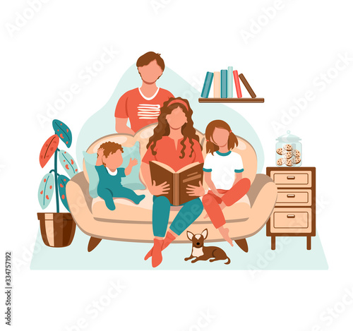 Happy family with children at home. People sitting on the sofa and mom reading book for kids. Family lifestyle concept. Cozy vector illustration drawing in flat style