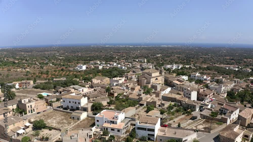Aerial view, Flight at S'Alqueria Blanca with Parroquia de San José church, Mallorca, Balearic Islands, Spain Aerial view, Flight at S'Alqueria Blanca with Parroquia de San José church, Mallorca, Balearic Islands, Spain