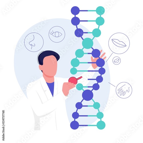 Genetic research science. A scientist experimenting with DNA. Technology and biology concept. Vector