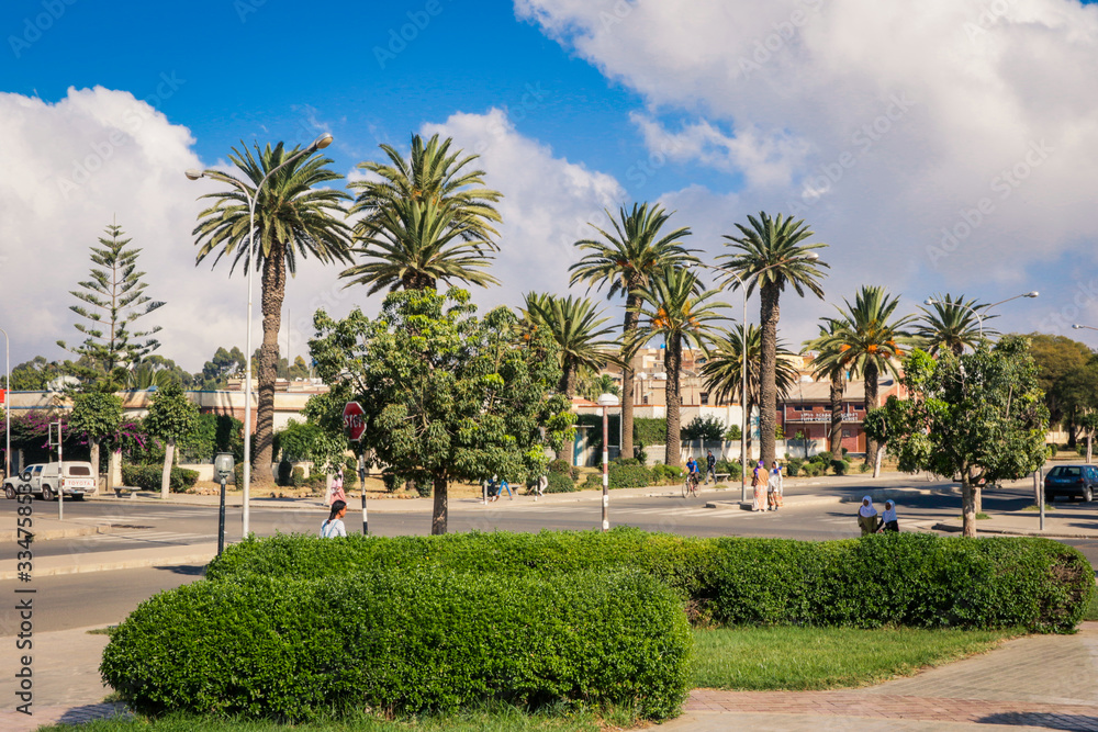 Asmara, Eritrea - November 01, 2019: Capital Streets and Buildings View in the Sunny Day Asmara, Eritrea - November 01, 2019: Capital Streets and Buildings View in the Sunny Day