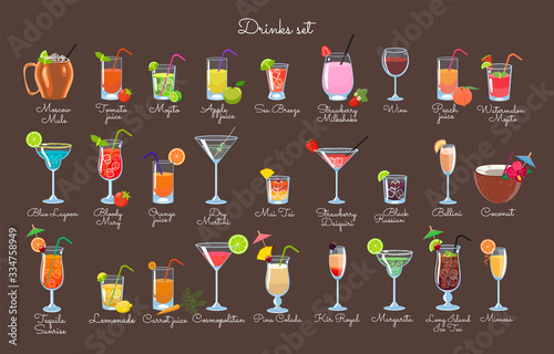 Set of drinks on a brown background. Vector graphics.