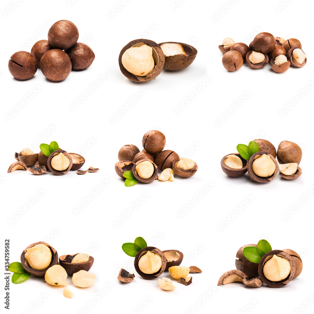 Fototapeta premium Macadamia nut with pieces and green leaves isolated on a white background