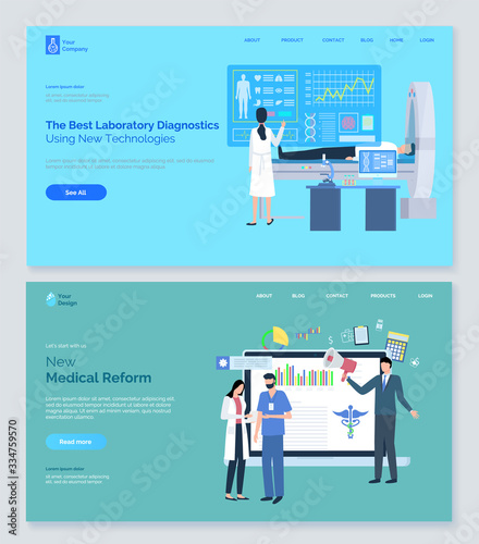 Laboratory diagnostic and medical reform website, patient cardiogram and new clinic law, innovation of healthcare, doctor and nurse characters vector. Webpage or landing page, app slider in flat style