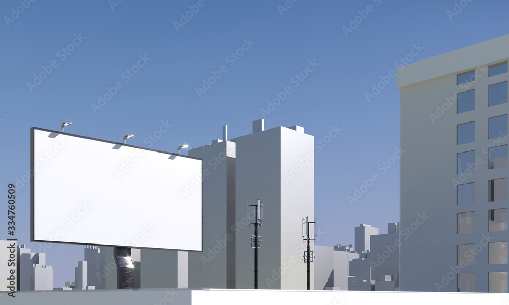 Billboard empty space in city. Signboard template - 3d render illustration. Advertisement promotion sideboard mockup. White blank copy space billboard poster. Brand street shop mockup Billboard empty space in city. Signboard template - 3d render illustration. Advertisement promotion sideboard mockup. White blank copy space billboard poster. Brand street shop mockup