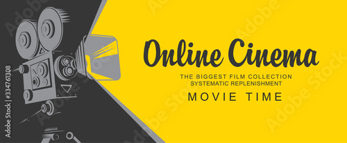 Vector online cinema poster with old fashioned movie projector. Vintage retro movie camera with light. Online cinema concept. Movie time. Suitable for flyer, banner, poster, web page, background