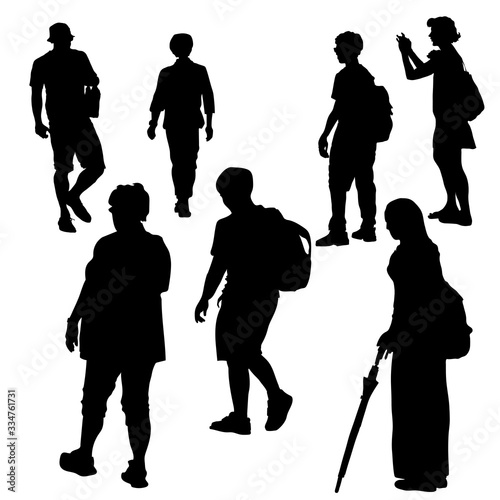 Vector silhouettes of a group of passers-by people isolated on a white background, in summer, tourists man and woman, with a backpack, cane umbrella, camera, a girl photographs, Asians, Japanese