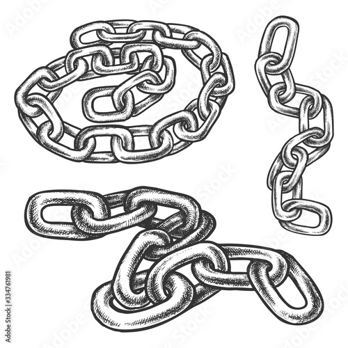 Set of isolated gray metal chain sketches