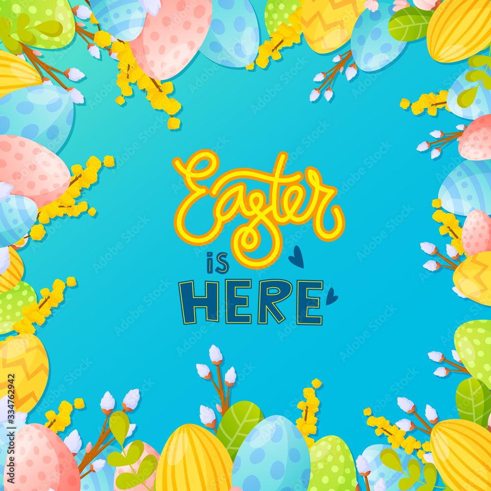 Painted eggs frame Easter holiday background.