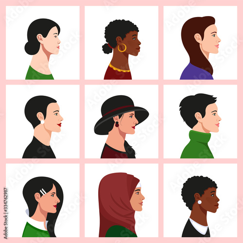 Stylish beautiful women profile portrait avatar set: Asian, African, European, Muslim, American, Mature, Young, Religious. Vector Illustration.