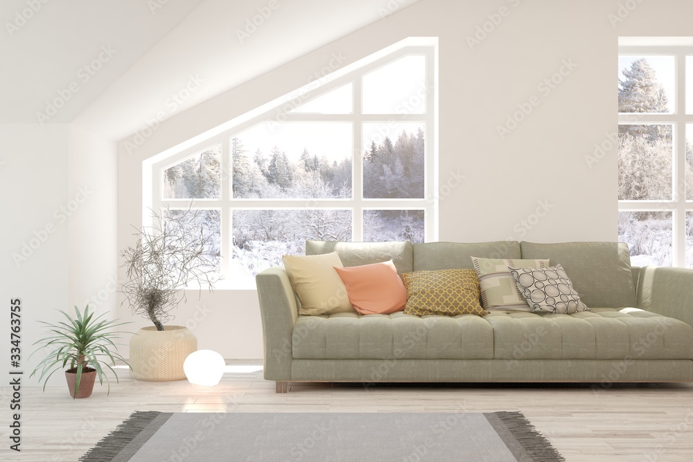 White living room with sofa and winter landscape in window. Scandinavian interior design. 3D illustration White living room with sofa and winter landscape in window. Scandinavian interior design. 3D illustration