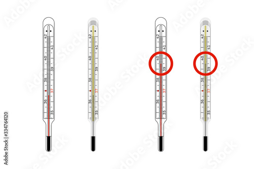 Clinical thermometer showing alarming temperature of 39.5 °C meaning fever having. Medical instruments. Vector illustration