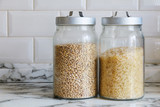 rice and pearl barley in glass jars