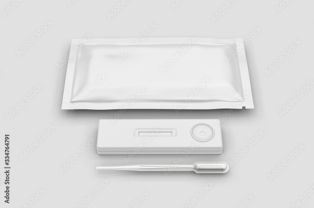 Blank rapid home self test kit sachet packaging for branding, 3d render illustration. Blank rapid home self test kit sachet packaging for branding, 3d render illustration.
