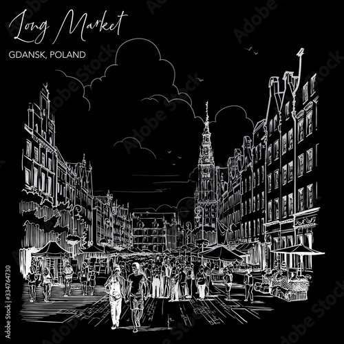 Long Market Square, Gdansk, Poland. Vintage design. Vintage design. Chalk drawing on a blackboard. EPS10 vector illustration