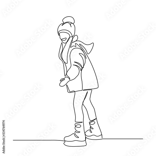 Girl ice skater in continuous line art drawing style. Winter outdoor activities. Black linear sketch isolated on white background. Vector illustration