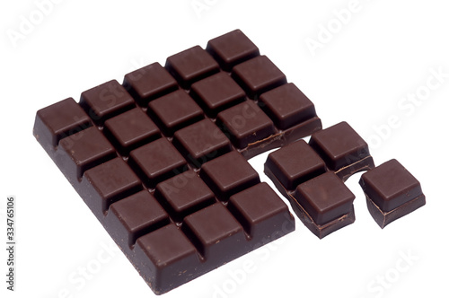 Square dark chocolate bar isolated on white background with clipping path