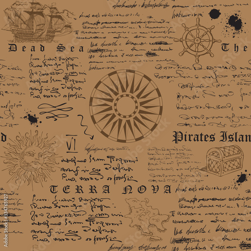 PrintVector image of a seamless texture in the style of a medieval nautical record of the captain's diary engraving sketch