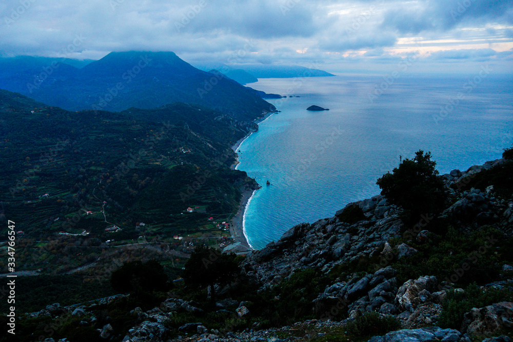 Top view of mountains and sea bay in Evia, Greece