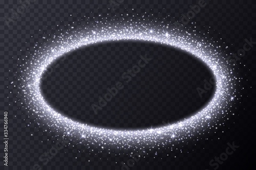 Silver oval frame with sparkles and flares, abstract luminous particles, white stardust light effect isolated on a dark background. Xmas glares and sparks. Luxury backdrop. Vector illustration.