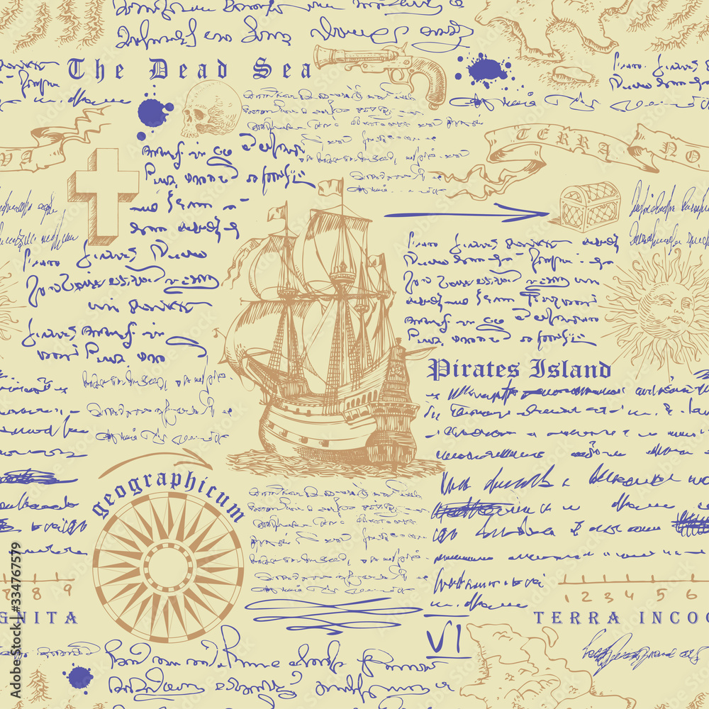 Obraz premium PrintVector image of a seamless texture in the style of a medieval nautical record of the captain's diary engraving sketch