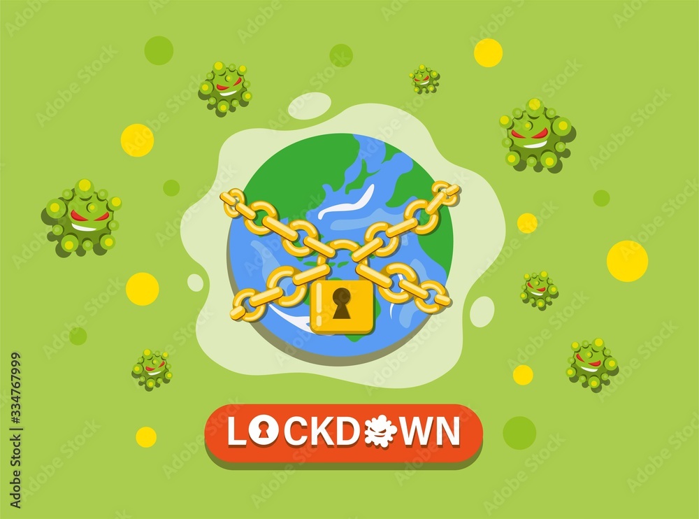Naklejka premium earth globe with locked chain, locklockdown world to protection from virus pandemic cartoon flat illustration vector