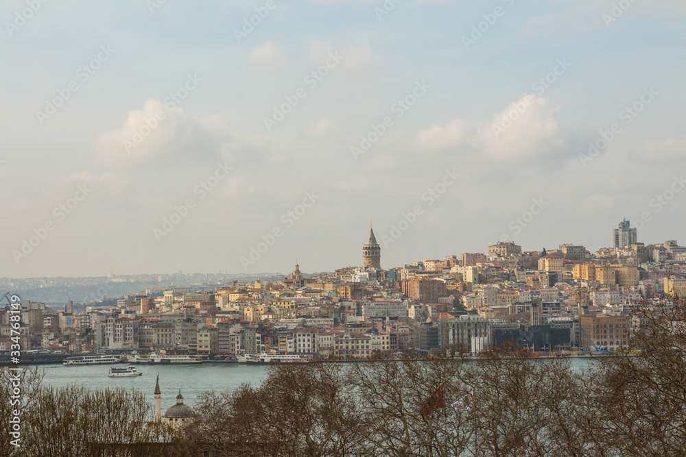 View of Galata Tower from the observation deck at Topkapi Palace in Istanbul. Turkey