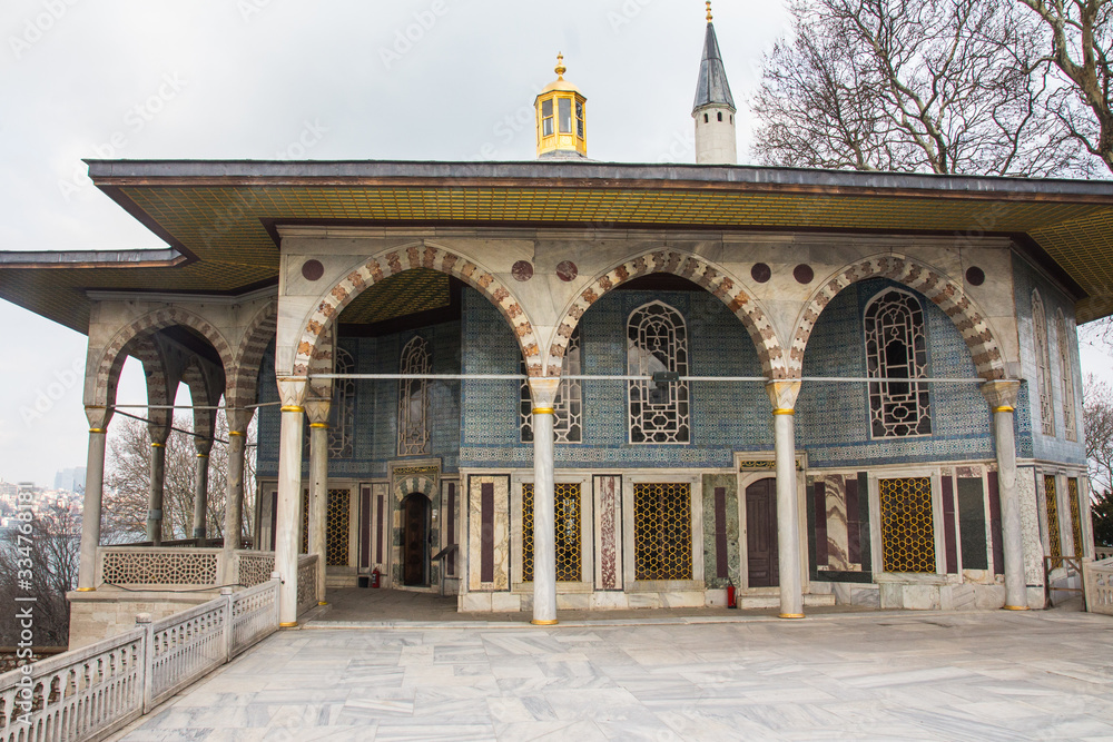 Beautiful historic pavilion at Topkapi Palace in Istanbul in cloudy weather. Turkey