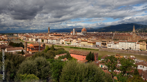 Florence - view at Arno river and old town of Florence. Santa Croce, Florence Cathedral (Duomo di Firenze). Tuscany, Italy.