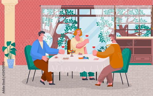 People having lunch or dinner in restaurant or at home. Friends meeting with wine and food like desserts and fruits. Luxury interior, big window with beautiful landscape. Vector illustration in flat