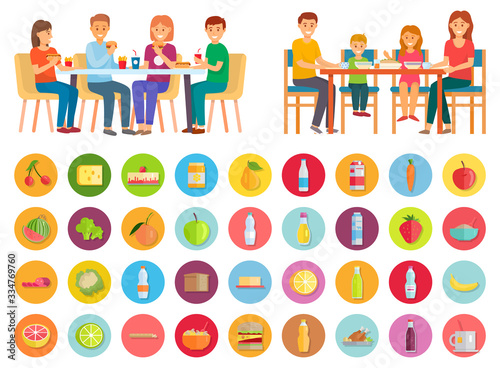 Family having dinner at home. Two pictures, healthy domestic and unhealthy junk meals. Mother and father, daughter and son eating together. Isolated icons of products. Vector illustration in flat