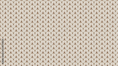 Knitted realistic seamless background of beige light color. Knitting vector pattern. Vector knit texture for background.
