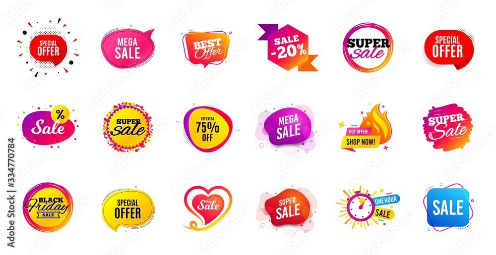 Sale offer banner. Discounts price tags. Coupon promotion templates. Black friday shopping icons. Cyber monday sale banner. Best offer badge. Price discounts icons. Deal templates. Vector