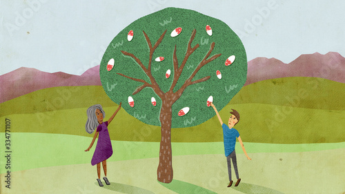 Canvas Print Two figures reaching up to grab pills from tree