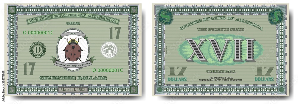 Protective guilloche mesh. A fictional US banknote of $ 17 is dedicated to the state of Ohio. Ladybug insect