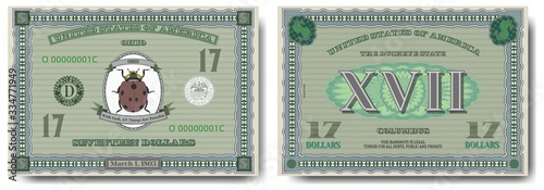 Protective guilloche mesh. A fictional US banknote of $ 17 is dedicated to the state of Ohio. Ladybug insect