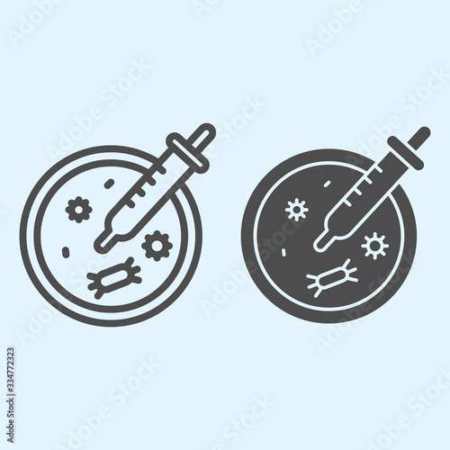 Virus analysis plate and pipette line and solid icon. Petri dish outline style pictogram on white background. Bacteriology research Covid19 vaccine for mobile concept and web design. Vector graphics.