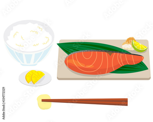 	鮭　さけの切り身　サーモン　ベクター　ご飯　朝食　定食