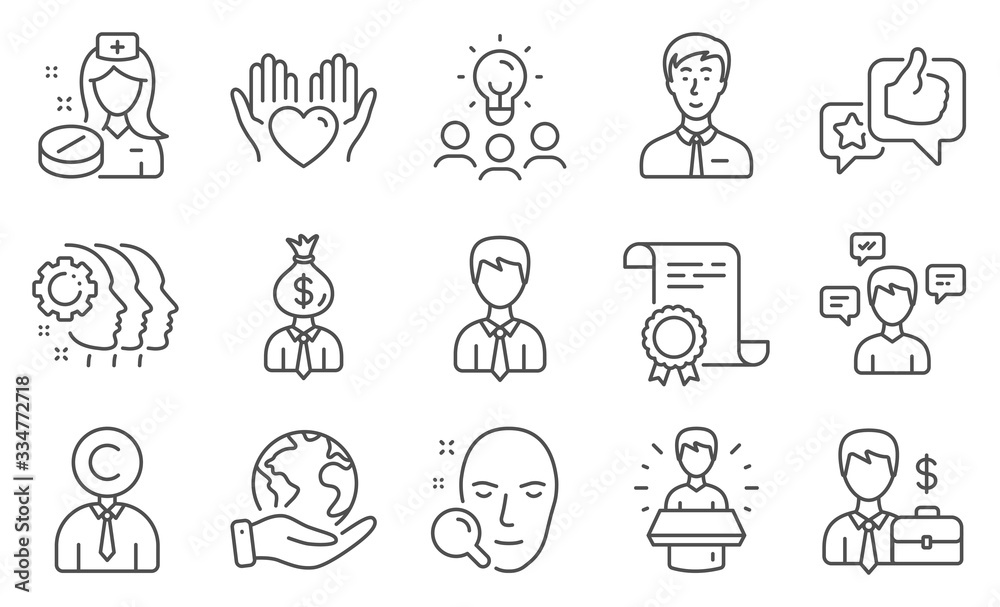 Set of People icons, such as Hold heart, Businessman. Diploma, ideas, save planet. Conversation messages, Employees teamwork, Face search. Nurse, Businessman case, Manager. Vector Set of People icons, such as Hold heart, Businessman. Diploma, ideas, save planet. Conversation messages, Employees teamwork, Face search. Nurse, Businessman case, Manager. Vector