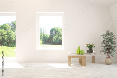 Stylish empty room in white color with summer landscape in window. Scandinavian interior design. 3D illustration