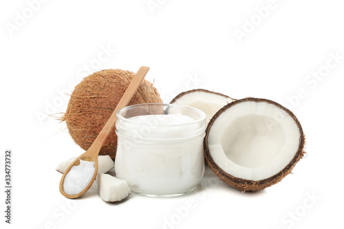 Coconut and cosmetic isolated on white background. Tropical fruit