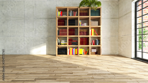 wooden personal book in empty room with concrete walls 3D rendering photo